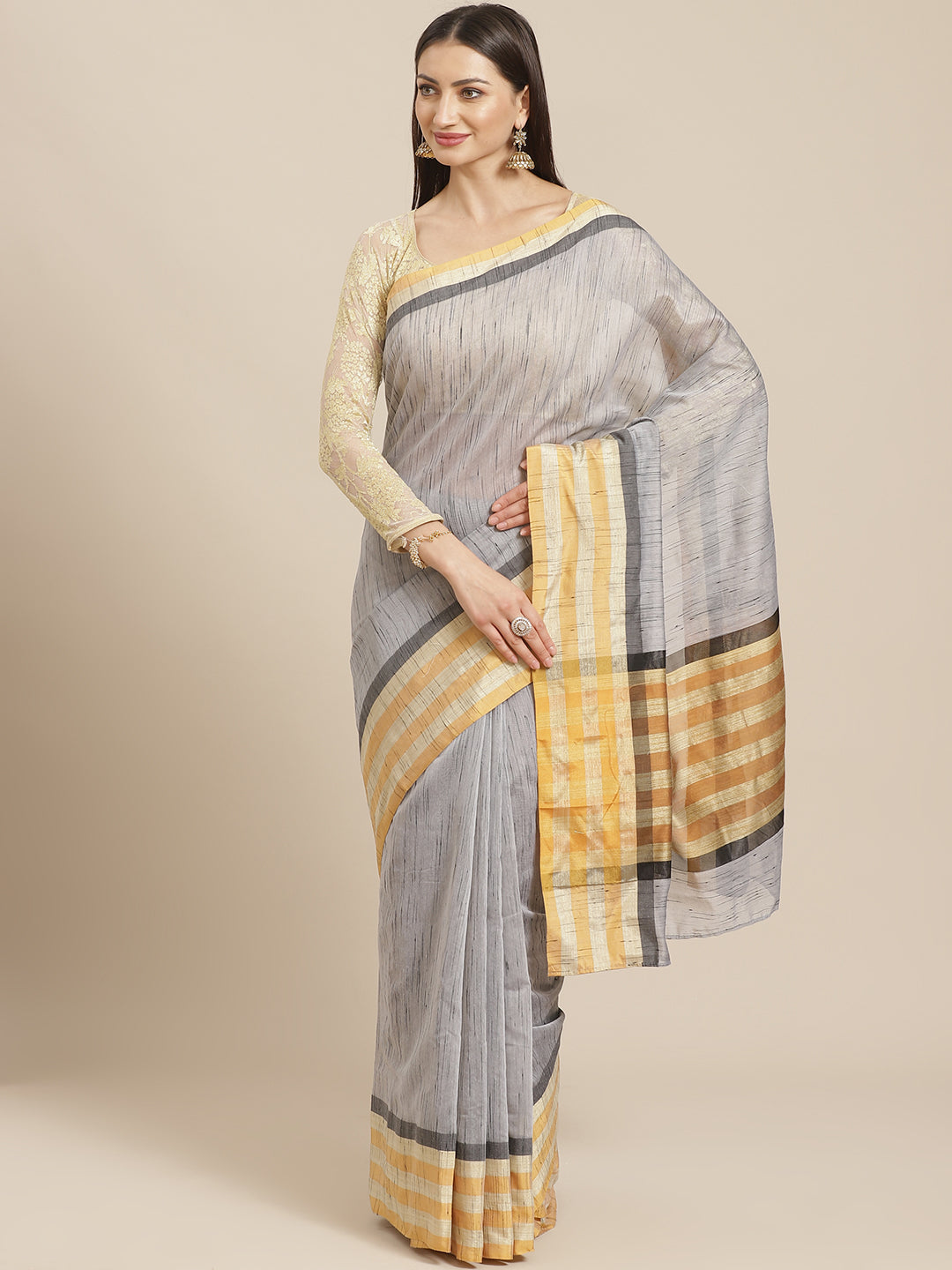 Grey Mangalagiri Jute Silk Saree with Colorblocked Contrast Color Striped Border & Pallu
