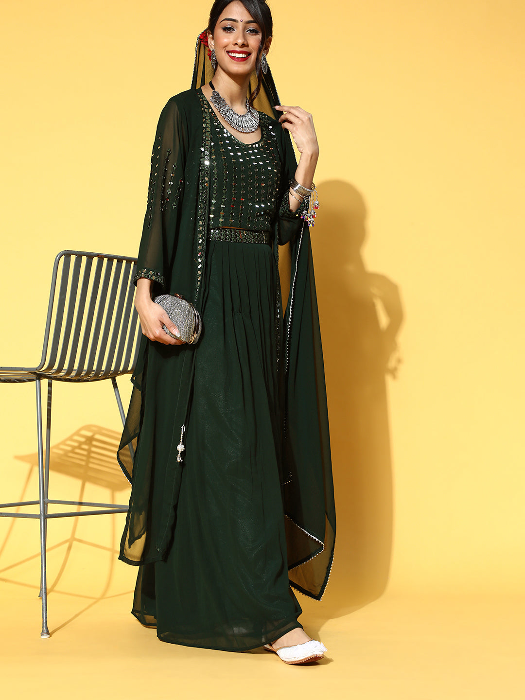 Chhabra 555 Made to Measure Bottle Green Mirror Work Embellished Lehanga Choli Set With Jacket