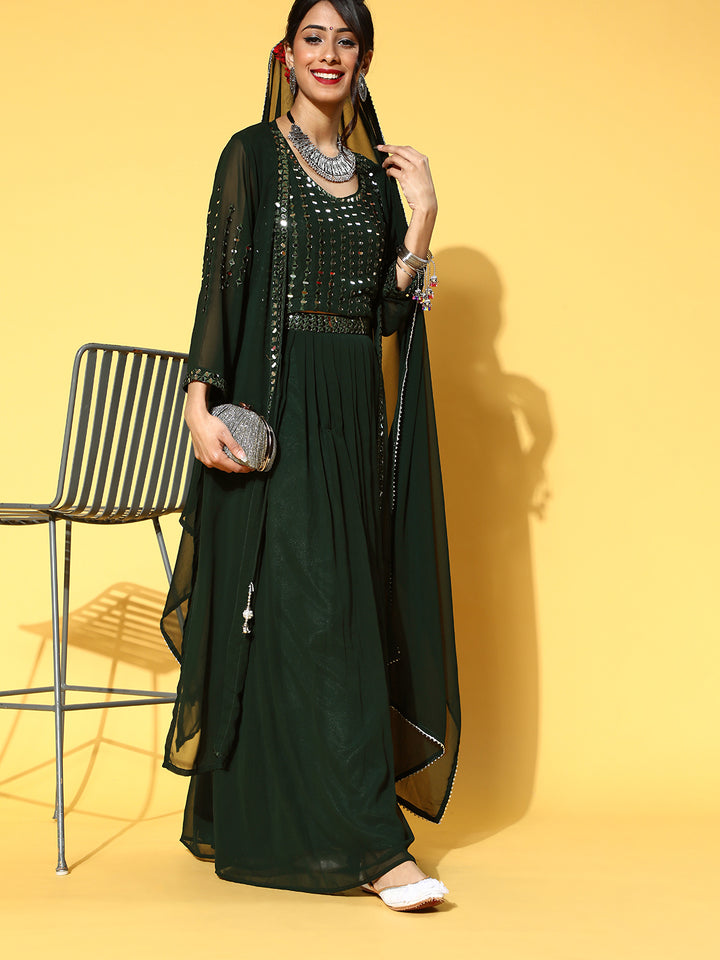 Bottle Green Mirror Work Embellished Jacket with Crop top and Skirt