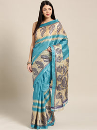 Chhabra 555 Turquoise Blue Printed Bhagalpuri Saree with Traditional Patola Peacock patterns