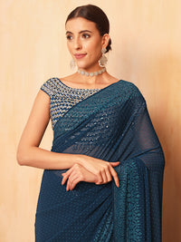 Chhabra 555 Persian Blue Crystal Embellished Georgette Cocktail Bling Saree 