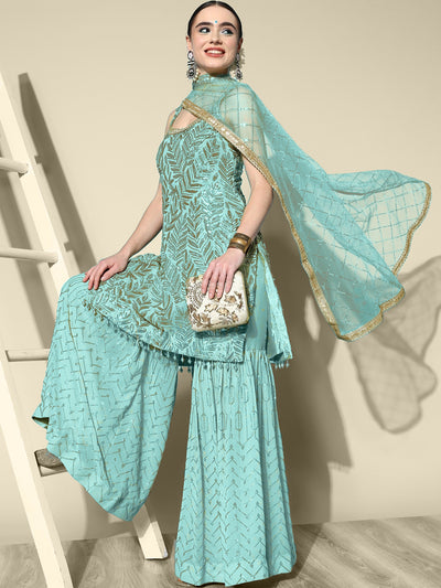 Chhabra 555 Turquoise Sequin Embellished Georgette Kurta Sharara Set with Net Embroidery Dupatta