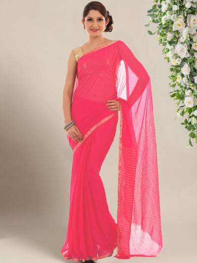 Chhabra 555 Rani Pink Chiffon Solid Saree With Swarovski Work