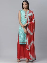 Cotton Ikat Inspired Kurta Set with Zari embroidered neckline and Bandhej Dupatta