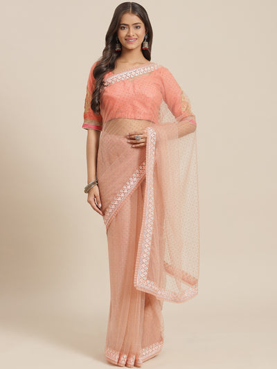 Chhabra 555 Peach Net Resham Embroidered & Stone Embellished Tulle Saree with Pleated Border 