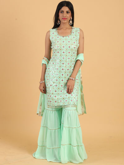 Chhabra 555 Made to Measure Sea Green Resham & Sequin Embellished Georgette Kurta Sharara Set
