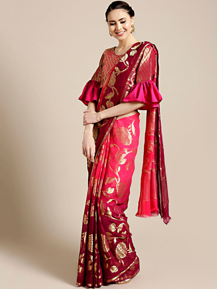 Chhabra 555 Purple and Pink Ombre Khaddi Georgette Saree with Floral Zari Weaving