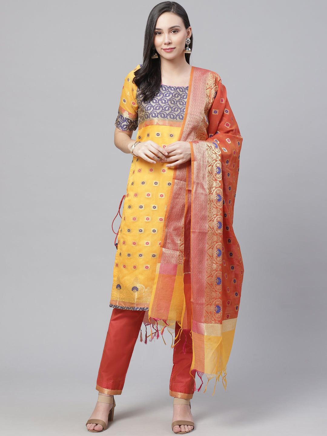 Handloom Chanderi Dress Material with Resham Gold Weave Pattern & Contrast Woven Dupatta