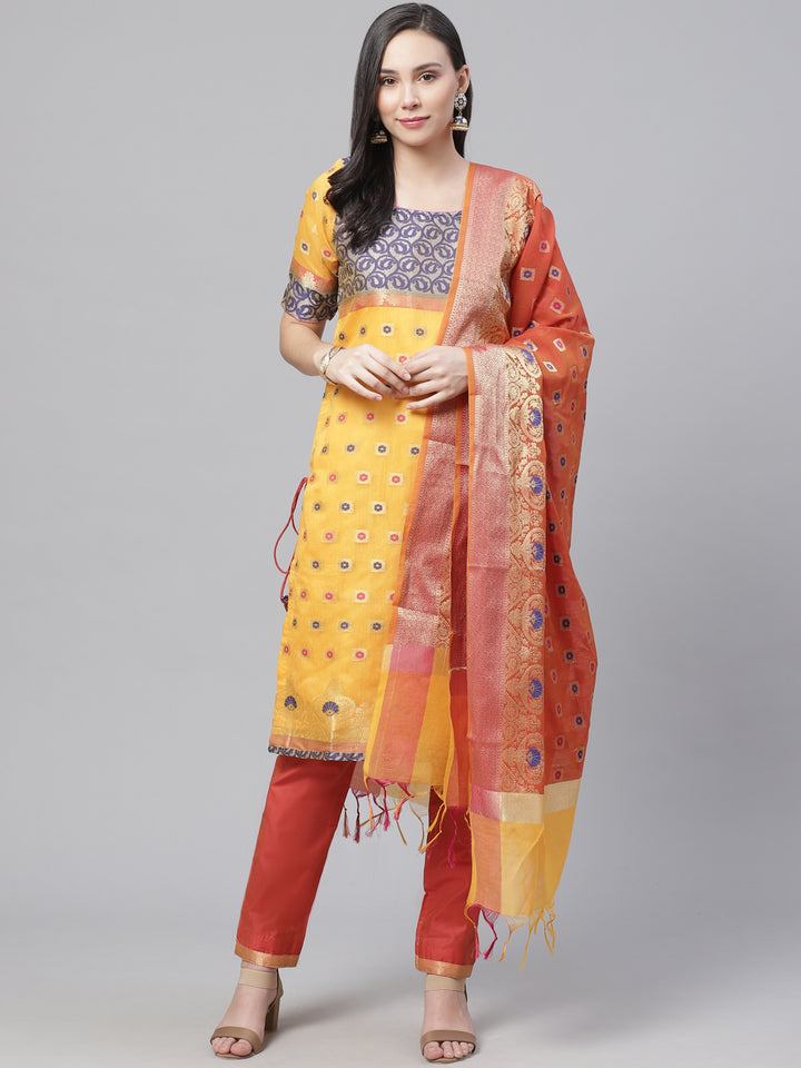 Handloom Chanderi Dress Material with Resham Gold Weave Pattern & Contrast Woven Dupatta