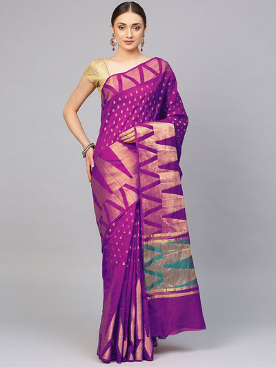 Chhabra 555 Purple Banarasi Silk saree with handloom woven temple pattern

Color: Purple

Type: Banarasi Sarees

Pattern: Woven Design

Pattern Type: Geometric

Ornamentation: NA

Border: Woven Design

Fabric: Art Silk

Saree: 5.35mtr., Width: 1.10 mtr, Blouse: 0.70 mtr
Dry Clean Only

The CAD image gives a detailed look of the actual blouse piece that comes with this saree. The blouse used by the model in the pictures is only for styling purpose.