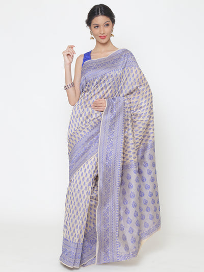 Chhabra 555 Indigo Cotton Silk saree with handloom weaving floral patterns and a broad border