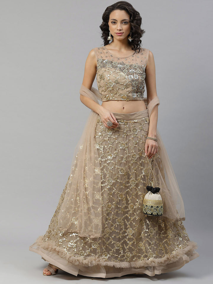 Made to Measure Gold Frills & Layers Lehenga Set With Mirror & Sequence Embroidery