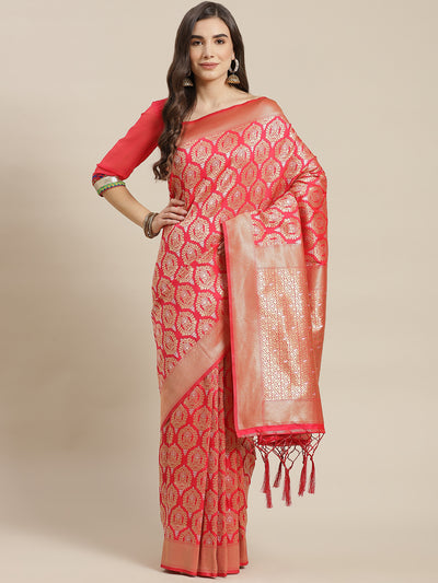 Chhabra 555 Coral Traditional Banarasi saree with Gold and Silver Zari Mughal motifs

Color: Coral

Type: Banarasi Sarees

Pattern: Woven Design

Pattern Type: Ethnic Motifs

Ornamentation: Zari

Border: Woven Design

Fabric: Silk Blend

Saree length: 5.30 mtr., Width: 1.10 mtr, Blouse length: 0.80 mtr
Dry Clean Only

The CAD image gives a detailed look of the actual blouse piece that comes with this saree. The blouse used by the model in the pictures is only for styling purpose.
