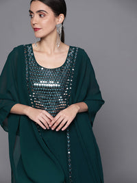 Chhabra 555 Made to Measure Teal Mirror Work Embellished Layered Dress with Attached Cape