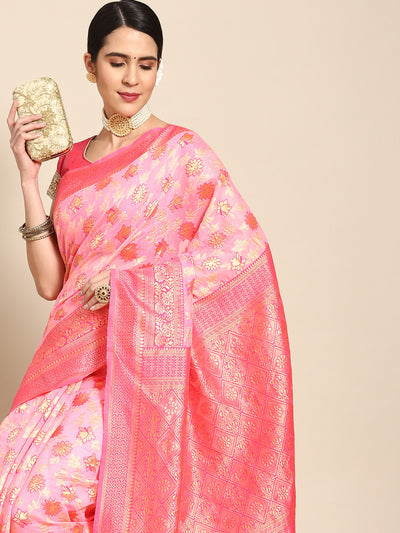 Chhabra 555 Coral Pink Banarasi Floral Resham & Zari Woven Silk Saree & Contrast Blue Border Blouse
