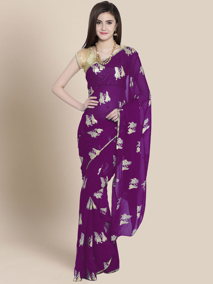 Chiffon Foil Print Party Wear Saree with Ethnic Radha Kishan Motifs