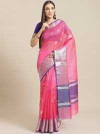 Chanderi Silk Kota saree with striped Zari weaving, Paisley motifs & Contrast Border