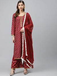 Made to Measure Maroon Kurta Pallazo Set with Gotta Patti Embroidery & Chiffon Dupatta