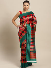 Chhabra 555 Pink Red Bhagalpuri Printed Art Silk Saree wih Abstract pattern