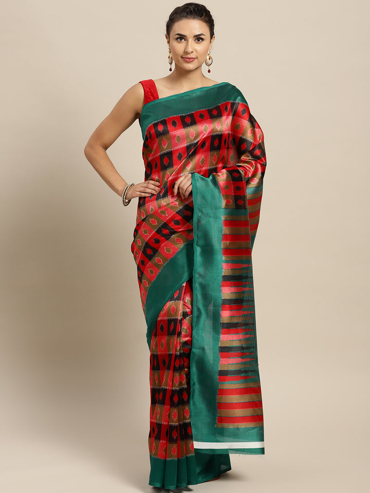 Chhabra 555 Pink Red Bhagalpuri Printed Art Silk Saree wih Abstract pattern