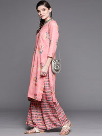 Chhabra 555 Pastel Pink Floral Digital Print Kurta Pallazo Set Embellished with Crystals