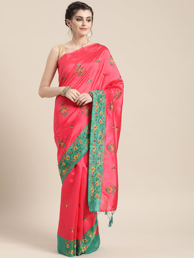Chhabra 555 Tussar Banarasi Silk saree with Katha embroidery and multicolor thread Contrast Border