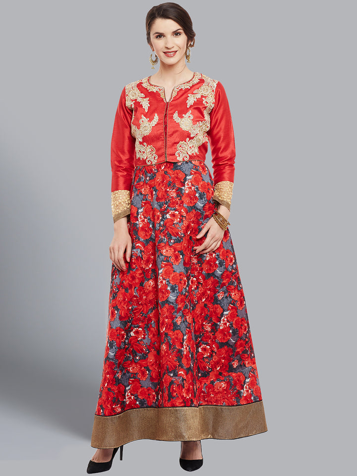 Chhabra 555 Chanderi Anarkali pattern Dress Material with Floral Digital Print and Embroidered Jacket