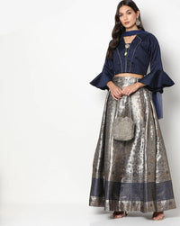 Chhabra 555 Made to Measure Banarasi Brocade Kalidar Lehenga with Contemporary Bell-Sleeved Crop top 