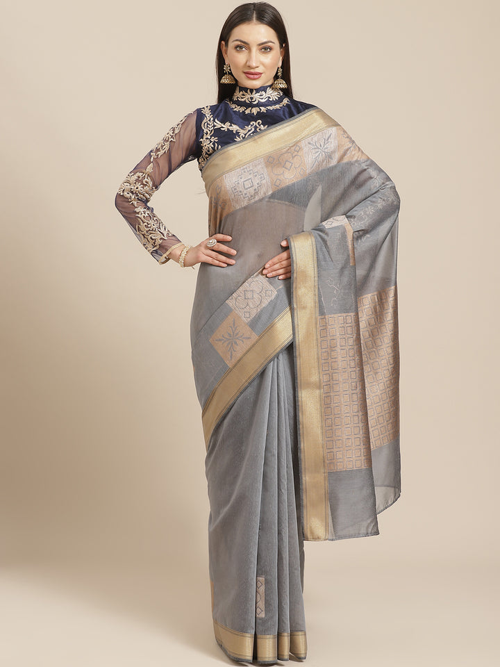 Banarasi Chanderi Heritage Of India Checked Saree with Gold Silver Geometrical Pattern