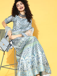 Pastel Floor length Digital Print Mirror Embellish Gown