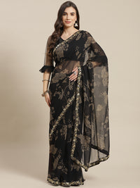 Chhabra 555 Metallic Floral Print Georgette Saree with Sequin & Mirror Embroidery Border 

Color: Black

Type: NA Sarees

Pattern: Printed

Pattern Type: Floral

Ornamentation: Sequinned

Border: Embroidered

Fabric: Georgette

Saree length: 5.40 mtr., Width: 1.10 mtr, Blouse length: 0.70 mtr
Dry Clean Only

The CAD image gives a detailed look of the actual blouse piece that comes with this saree. The blouse used by the model in the pictures is only for styling purpose.