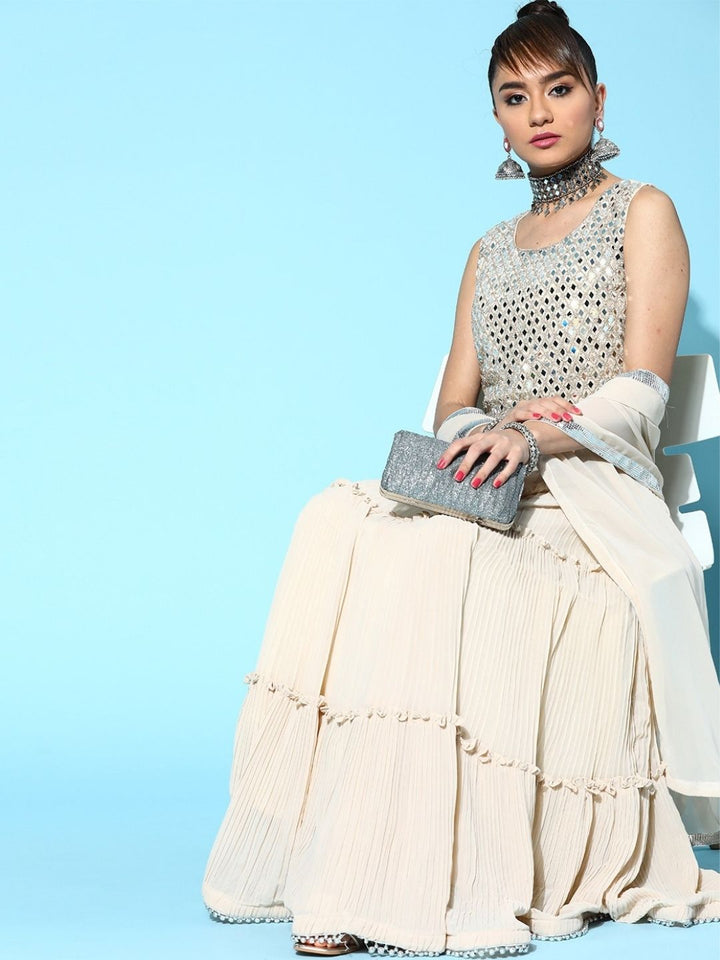 Made to Measure Pastel Mirror Work Embroidered Georgette Lehanga Choli Set With laces