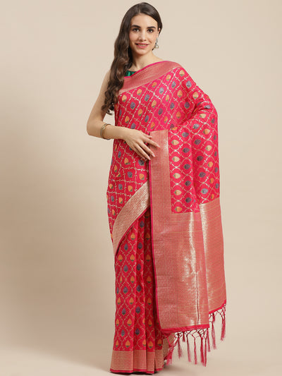 Chhabra 555 Magenta Silk Meenakari Banarasi Saree Embellished With Resham Weaving& Ethnic Motifs

Color: Magenta

Type: Banarasi Sarees

Pattern: Embroidered

Pattern Type: Ethnic Motifs

Ornamentation: Zari

Border: Woven Design

Fabric: Art Silk

Saree length: 5.50 mtr., Width: 1.10 mtr, Blouse length: 0.70 mtr
Dry Clean

The CAD image gives a detailed look of the actual blouse piece that comes with this saree. The blouse used by the model in the pictures is only for styling purpose.