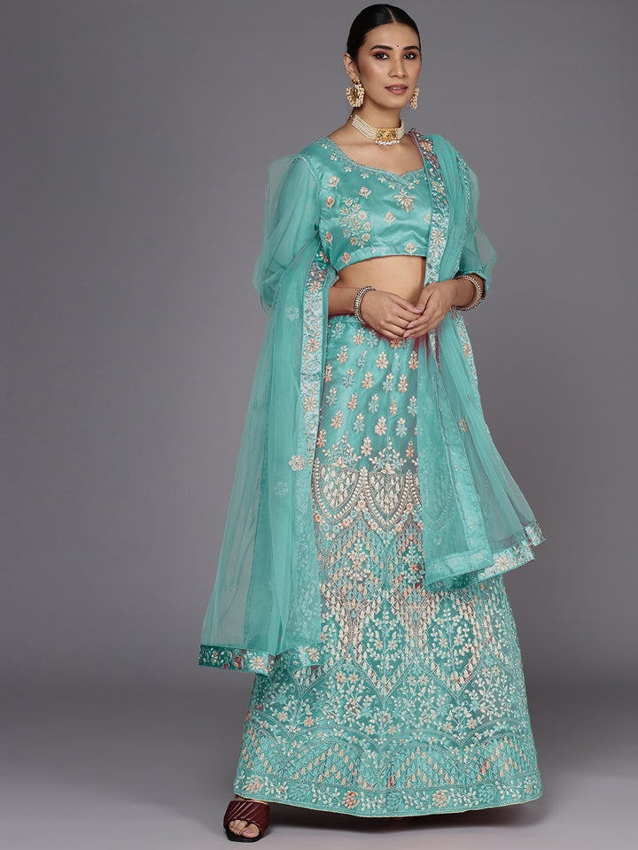 Turquoise Blue Zari & Resham Floral Embroidered Net Lehenga Choli Set