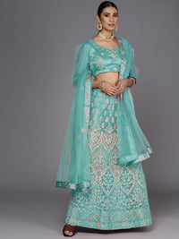 Chhabra 555 Semi-stitched Turquoise Blue Zari & Resham Floral Embroidered Net Lehenga Choli Set