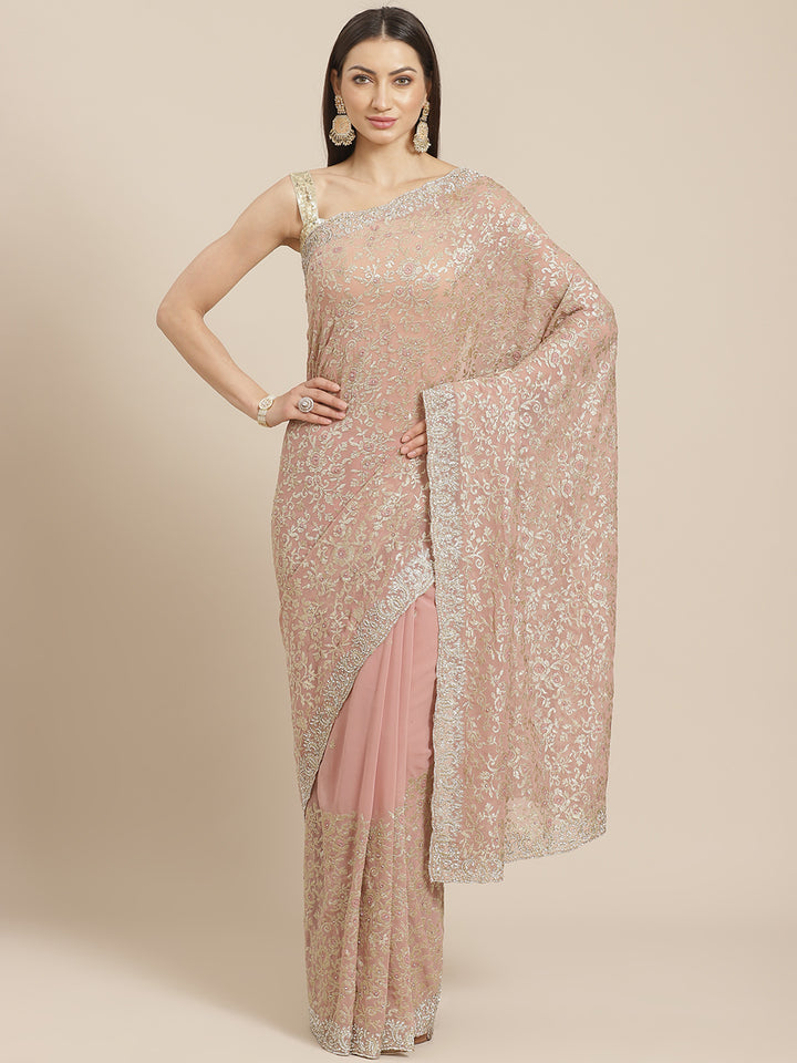 Embellished Scalloped Cocktail Saree with Swarovski Crystals & Zari Floral Embroidery