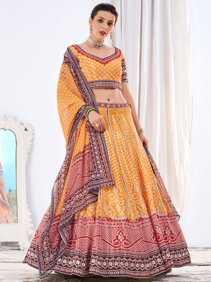 Ombre Embellished Mustard Maroon Bandhani Print Lehenga Choli Set