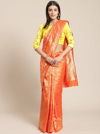 Orange Banarasi Woven Silk Saree With Peacock Motifs , Embellished Bead Work Blouse