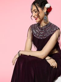 Chhabra 555 Pre-Draped Burgundy Lycra Saree with Mirror Embellished Tassled Necklace Style Cape