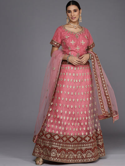 Chhabra 555 Semi-stitched Pink Gold Zari Embroidered Net Pleated LehengaSet With Red Velvet Border