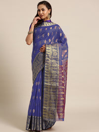 Banarasi Silk Princess Blue Handloom Saree with Ethnic Zari Mughal Motif and Heavy Pallu