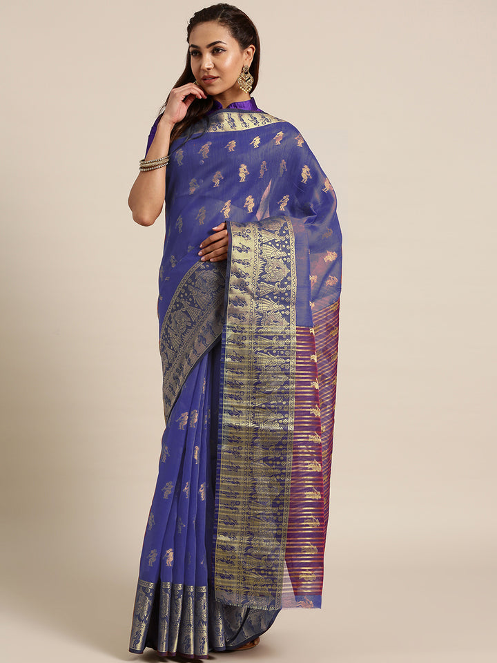 Banarasi Silk Princess Blue Handloom Saree with Ethnic Zari Mughal Motif and Heavy Pallu