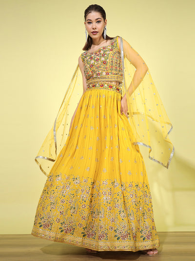 Chhabra 555 Resham Mirror Embroidered Georgette Blouse with Floral Foil Print Pleated Lehenga