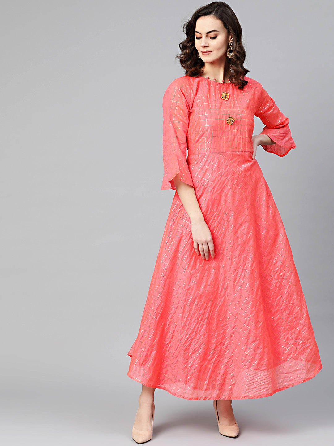 Chhabra 555 Made to Measure Anarkali Printed Kurta Dress with Gota weaving in checkered pattern and bell sleeves
