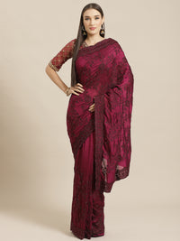 Burgundy Raw Silk Scalloped Cut Work Saree with Stone & Resham Thread Embroidery
