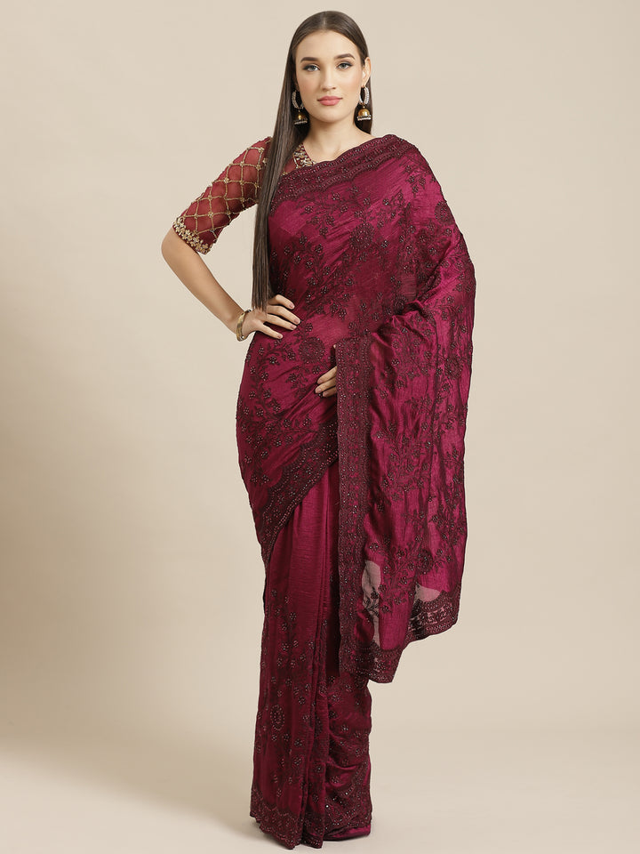Burgundy Raw Silk Scalloped Cut Work Saree with Stone & Resham Thread Embroidery