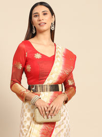 Chhabra 555 Cream Red Banarasi Paisley Motifs Stone Embellished Silk Saree With Contrast Border 