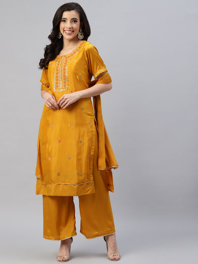 Chhabra 555 Mustard Resham Embroidered & Mirror Embellished Crape Unstitched Dress Material Dupatta Set
