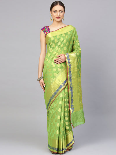 Chhabra 555 Green Chanderi Silk Handloom, Hand Woven,Floral, Meenakari Banarasi Zari Weav Border Saree  