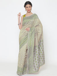 Cream Green Cotton Silk saree with handloom weaving floral patterns and a broad border